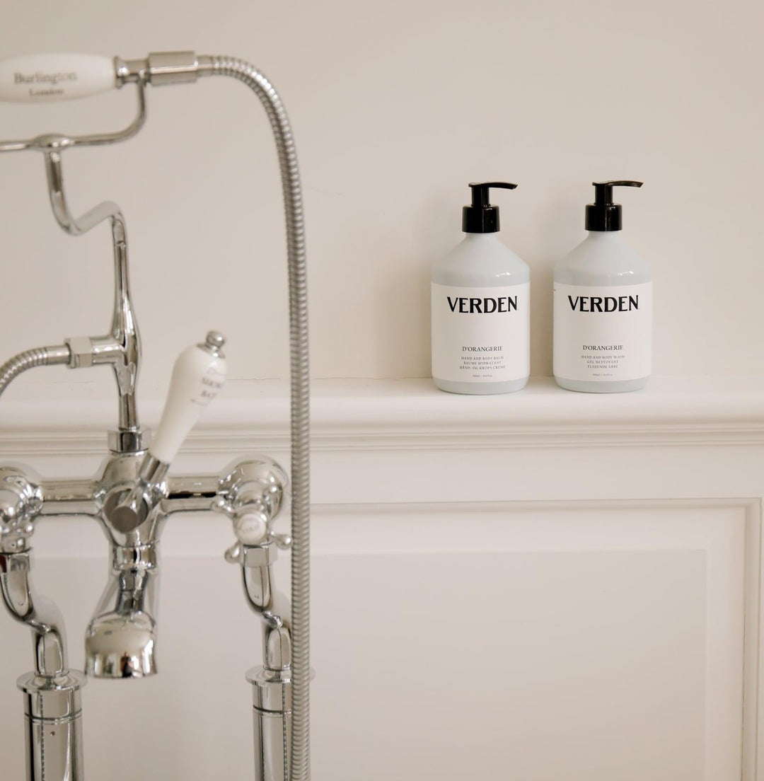 D'Orangerie Wash and Balm Set on bath shelf