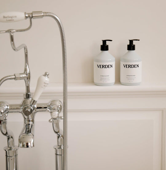 D'Orangerie Wash and Balm Set on bath shelf