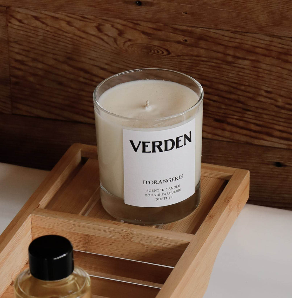 D'Orangerie Scented Candle on bath shelf