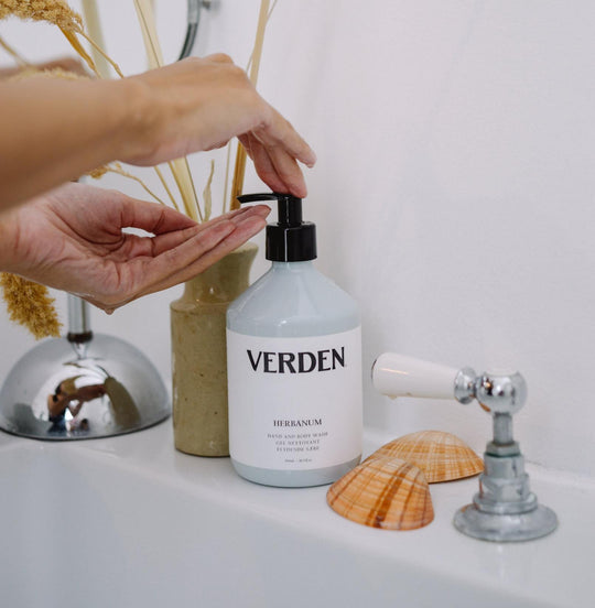 Herbanum Hand and Body Wash on sink
